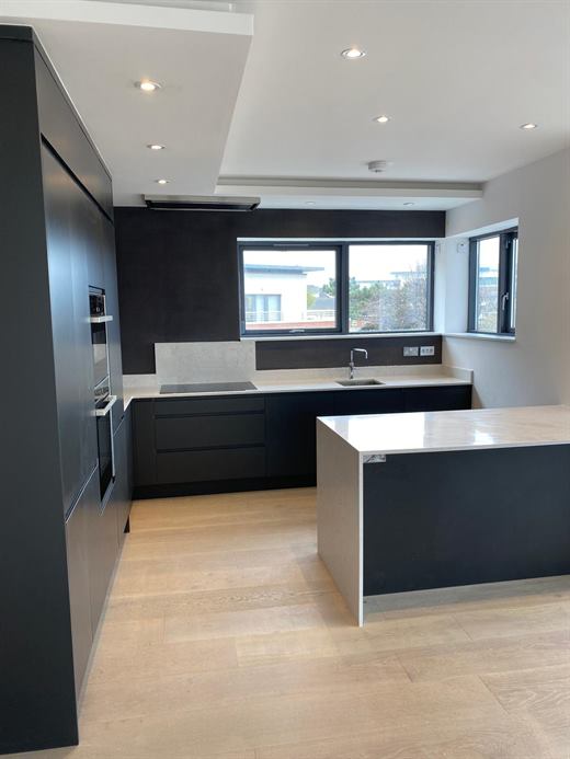 Dark handleless kitchen with island and oak flooring