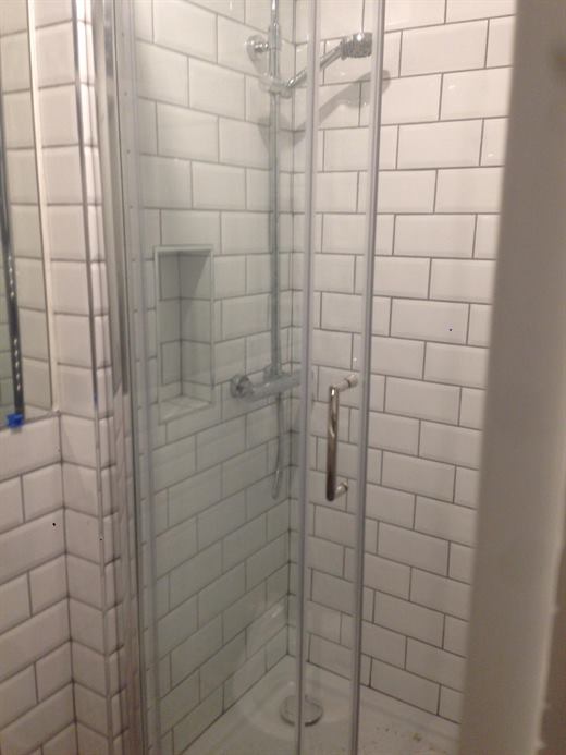 Glass shower enclosure with metro tiles and niche