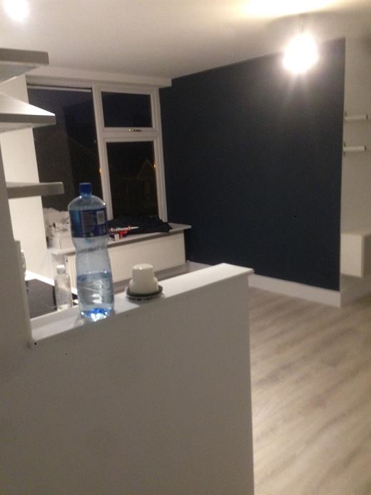 Kitchen and living area with navy feature wall