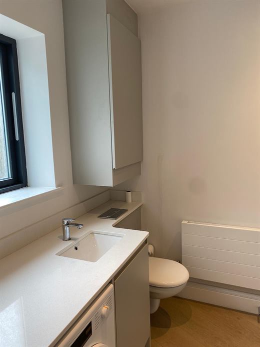 Utility area with worktop basin and wall cupboards