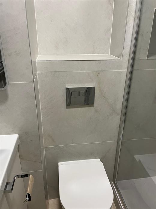 Wall-hung toilet with tiled recess and glass shower screen
